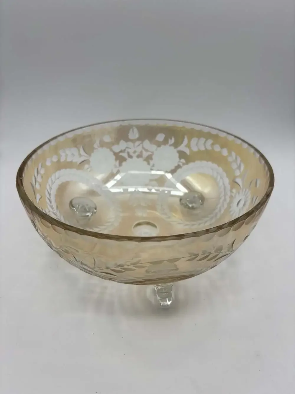 Vintage Amber Cut to Clear Etched Glass 3-Footed Floral Bowl Compote
